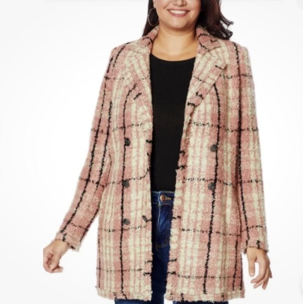NWT G by Giuliana Long Boucle Tweed Pink Plaid Double Breasted Coat Jacket Sz S